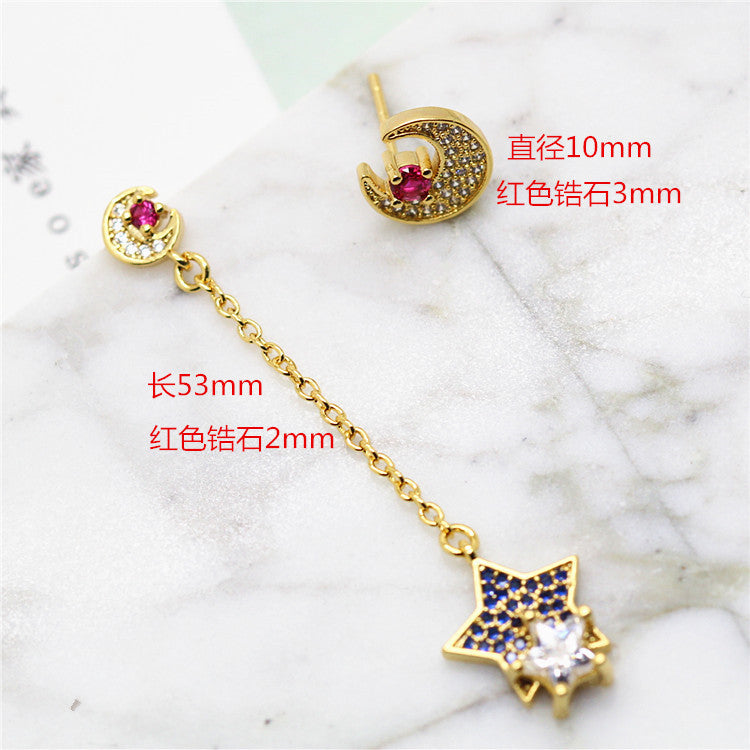 3 paires de boucles d'oreilles à breloques lune et étoile ornées de strass 14K GF