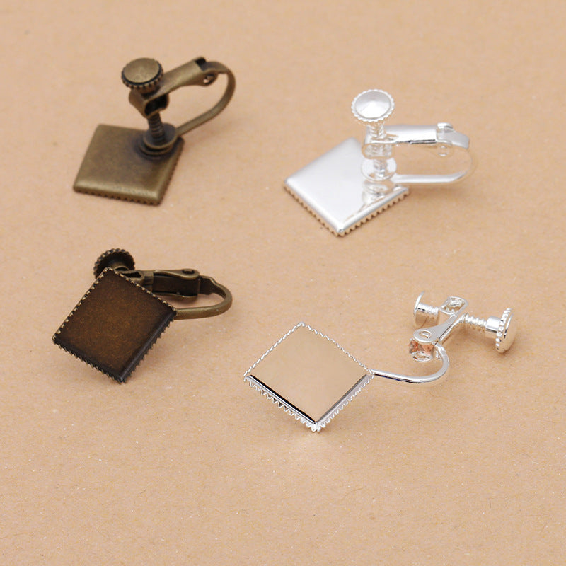 100 Serrated Edge Bezel Cup Ear Cilp On No Piercing Earrings 18KGP 10x10mm Square Cabochon Blank Base Gemstone Setting
