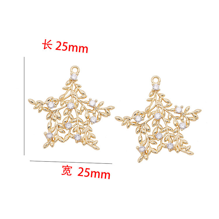 5 branches creuses de feuilles, pendentif à breloque rond en forme d'étoile et de cœur, orné de strass, 14K GF