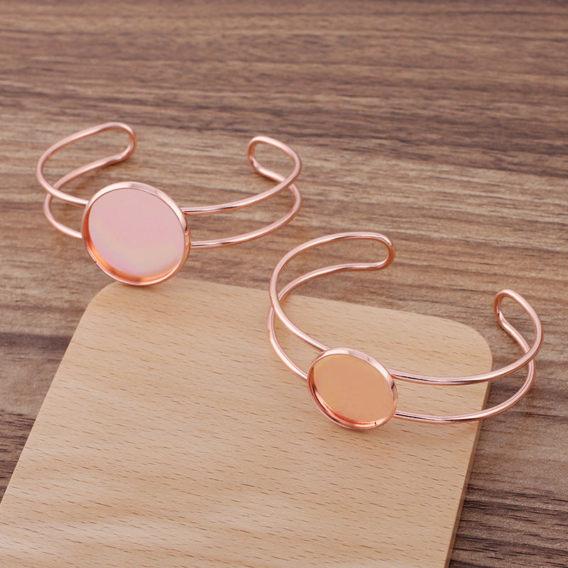 Bracelet à cercle ouvert à deux rangées de 5 bords unis, 18KGP, 20mm, 25mm, cabochon rond, Base vierge, réglage des pièces de pierres précieuses