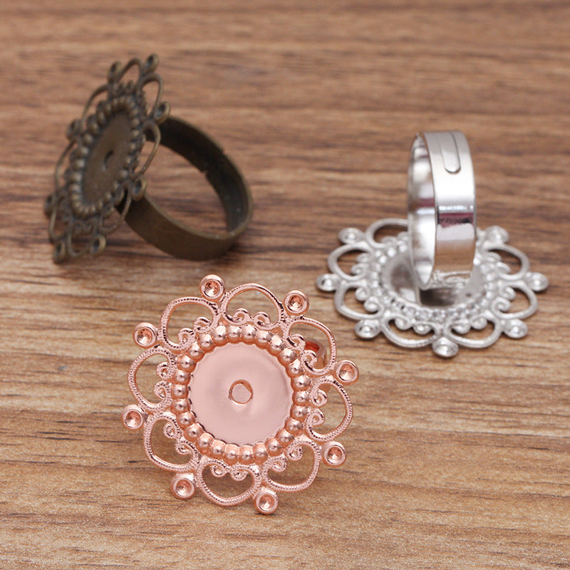 100 bague circulaire ouvrable à breloque florale en filigrane plat 18KGP 12mm cabochon base vierge sertissage de pierres précieuses