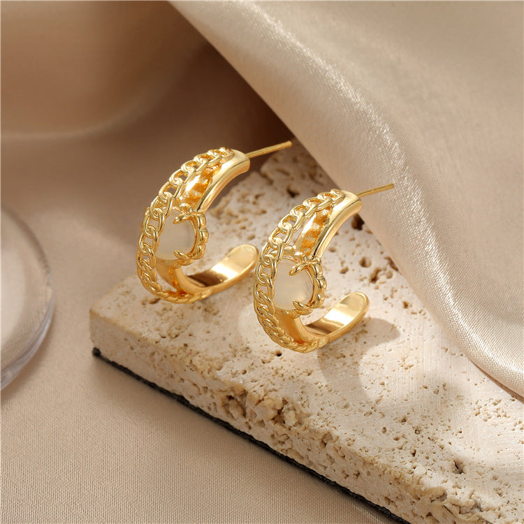 4 boucles d'oreilles à tige en forme de cercle semi-chaîne Flash 14K GF ornées de strass