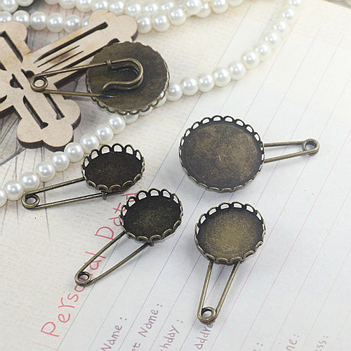 200 Scallop Edge Bezel Cup Safe Brooch Pin Antique Bronze 14mm 16mm 18mm 20mm 25mm Round Cabochon Blank Base Gemstone Piece Setting