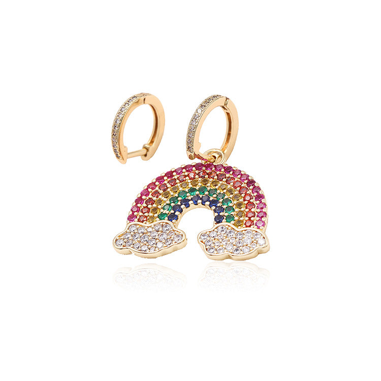 4 boucles d'oreilles créoles unies pendentif à breloque arc-en-ciel orné de strass 14K GF boucle d'oreille
