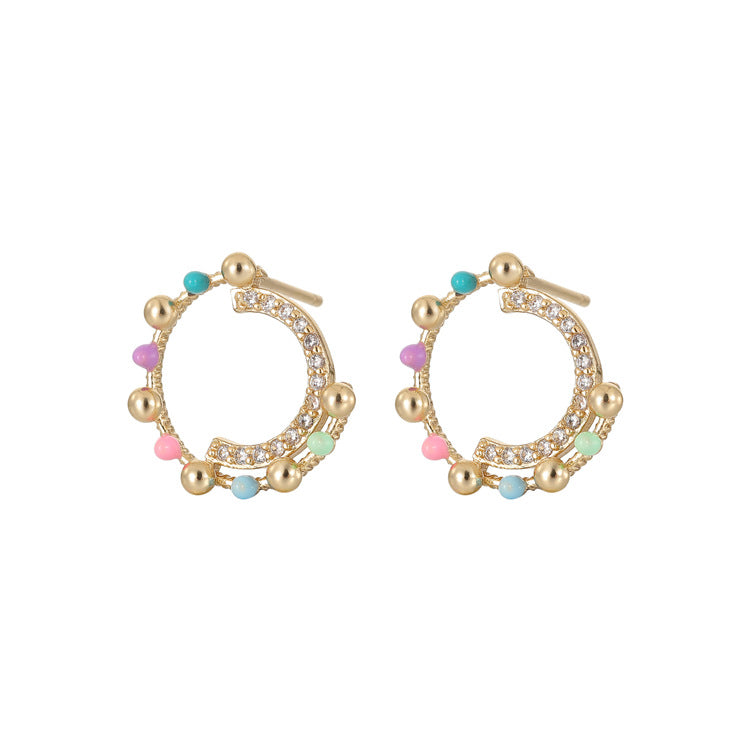 Boucles d'oreilles à tige en forme de cœur, 4 cercles perlés, ornées de strass 14K GF