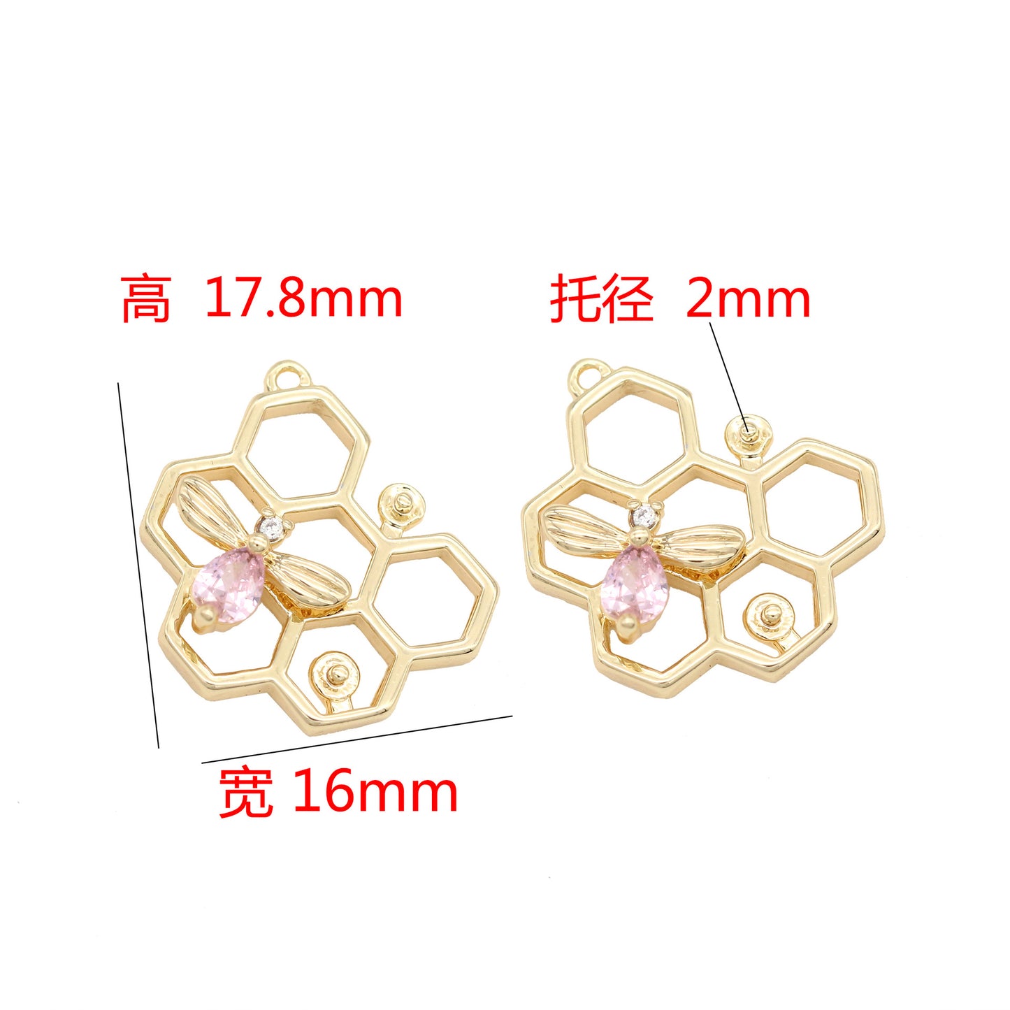 2 pendentif à breloque abeille en nid d'abeille strass embelli 14K GF perle à moitié percée perle vierge