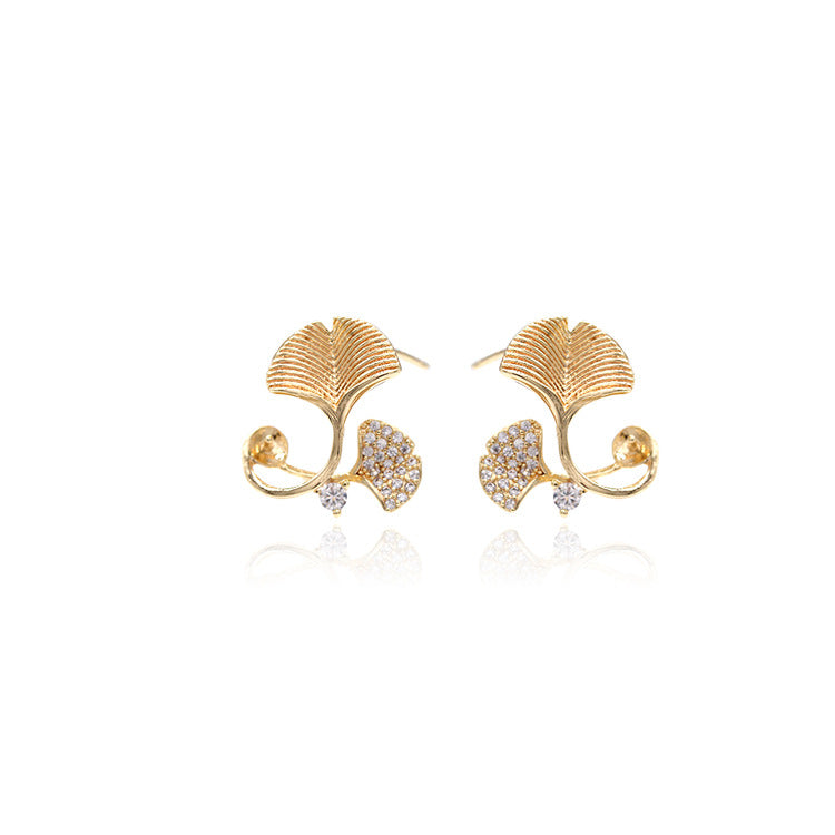 4 Ginkgo-Blatt-Ohrstecker, mit Strasssteinen verziert, 14-Karat-GF-Ohrring, halbgebohrte Perle, Rohling