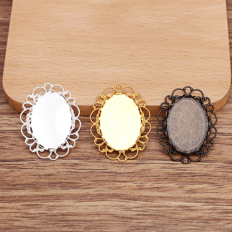 20 filigrane bord festonné lunette tasse charme dos plat paramètres 18KGP 18x25mm ovale Cabochon strass Zircon pierre précieuse Base vierge