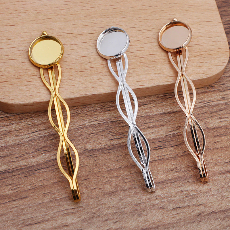 30 Plain Edge Bezel Cup Straight Hair Clip Hairpin 18KGP 12mm Round Cabochon Blank Base Gemstone Piece Setting
