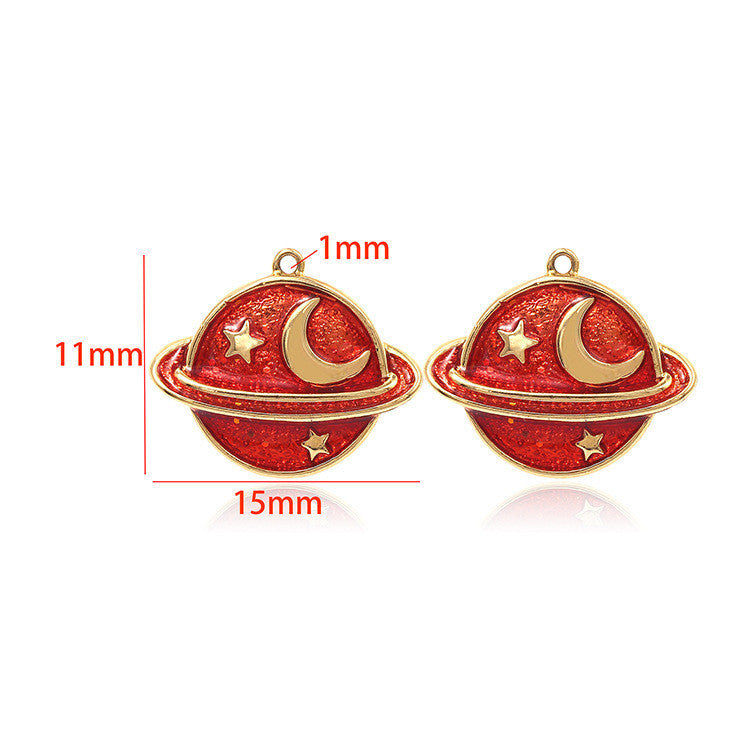10 Saturn Planet Charm Pendentif Émail Epoxy 14K GF Strass Embelli