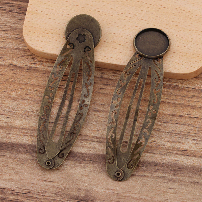 20 Plain Edge Bezel Cup Filigree Snap Hair Clip Hairpin Bronze 18mm Round Cabochon Blank Base Gemstone Piece Setting