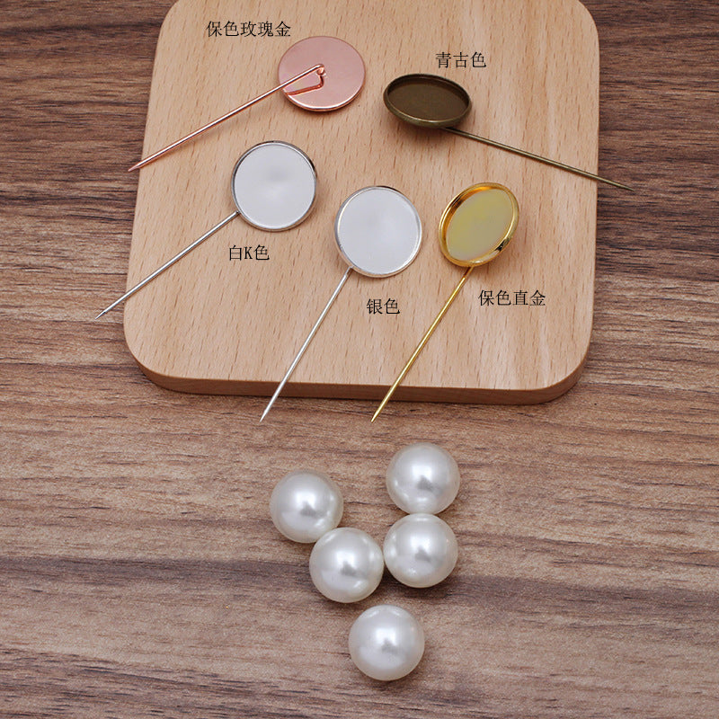 200 Plain Edge Bezel Cup Long Stick Safe Brooch Pin 18KGP 10mm 12mm 14mm 16mm 18mm 20mm Round Cabochon Blank Base Gemstone Piece Setting