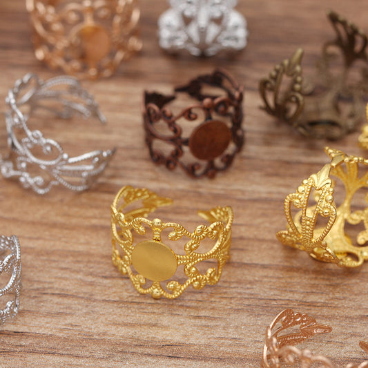 20 Flat Pad Filigree Floral Charm Open Circle Ring 18KGP 8mm Cabochon Blank Base Gemstone Setting