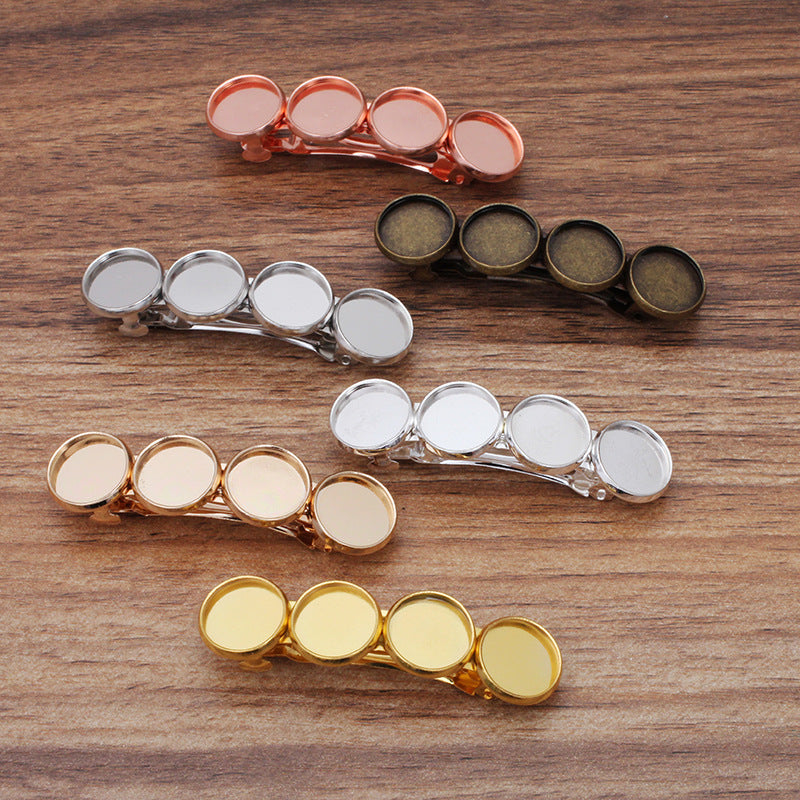10 quatre bords unis lunette coupe cheveux Snap Clip épingle à cheveux 18KGP 12mm cabochon rond Base vierge réglage de la pièce de pierre précieuse