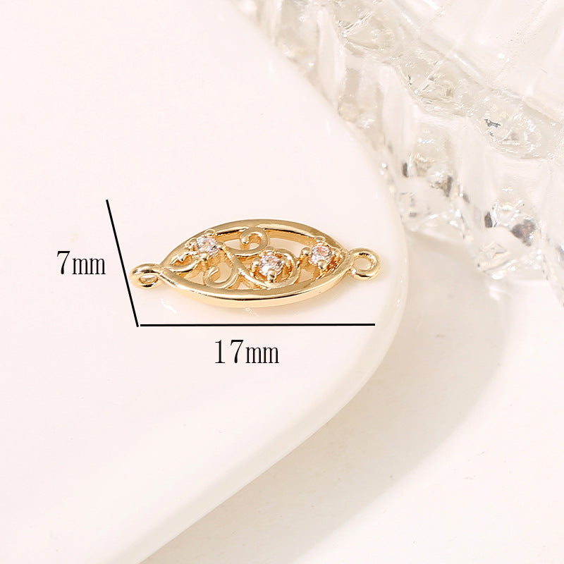 2 Double Looped Floral Snowflake Diamond Olive Charm Connector Rhinestone Embellished 14K GF