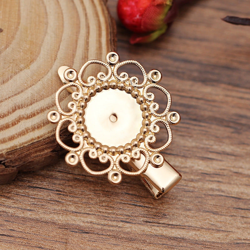 20 Floral Edge Bezel Cup Alligator Hairclip 18KGP 12mm Round Cabochon Blank Base Gemstone Setting