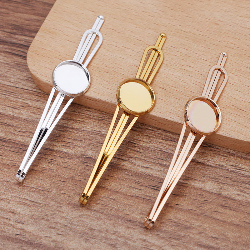 30 Plain Edge Bezel Cup Straight Hair Clip Hairpin 18KGP 12mm Round Cabochon Blank Base Gemstone Piece Setting