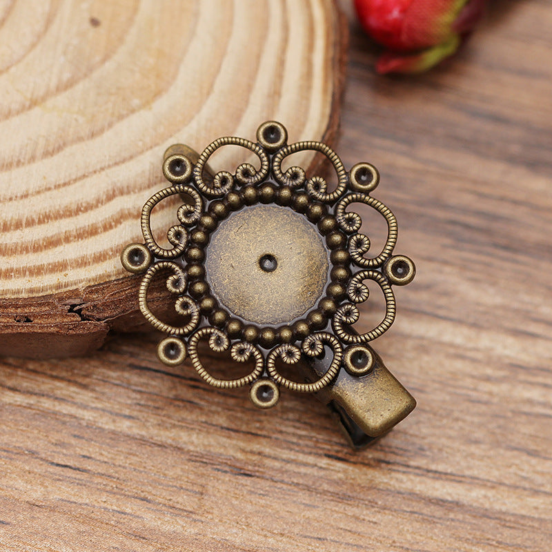20 Floral Edge Bezel Cup Alligator Hairclip 18KGP 12mm Round Cabochon Blank Base Gemstone Setting